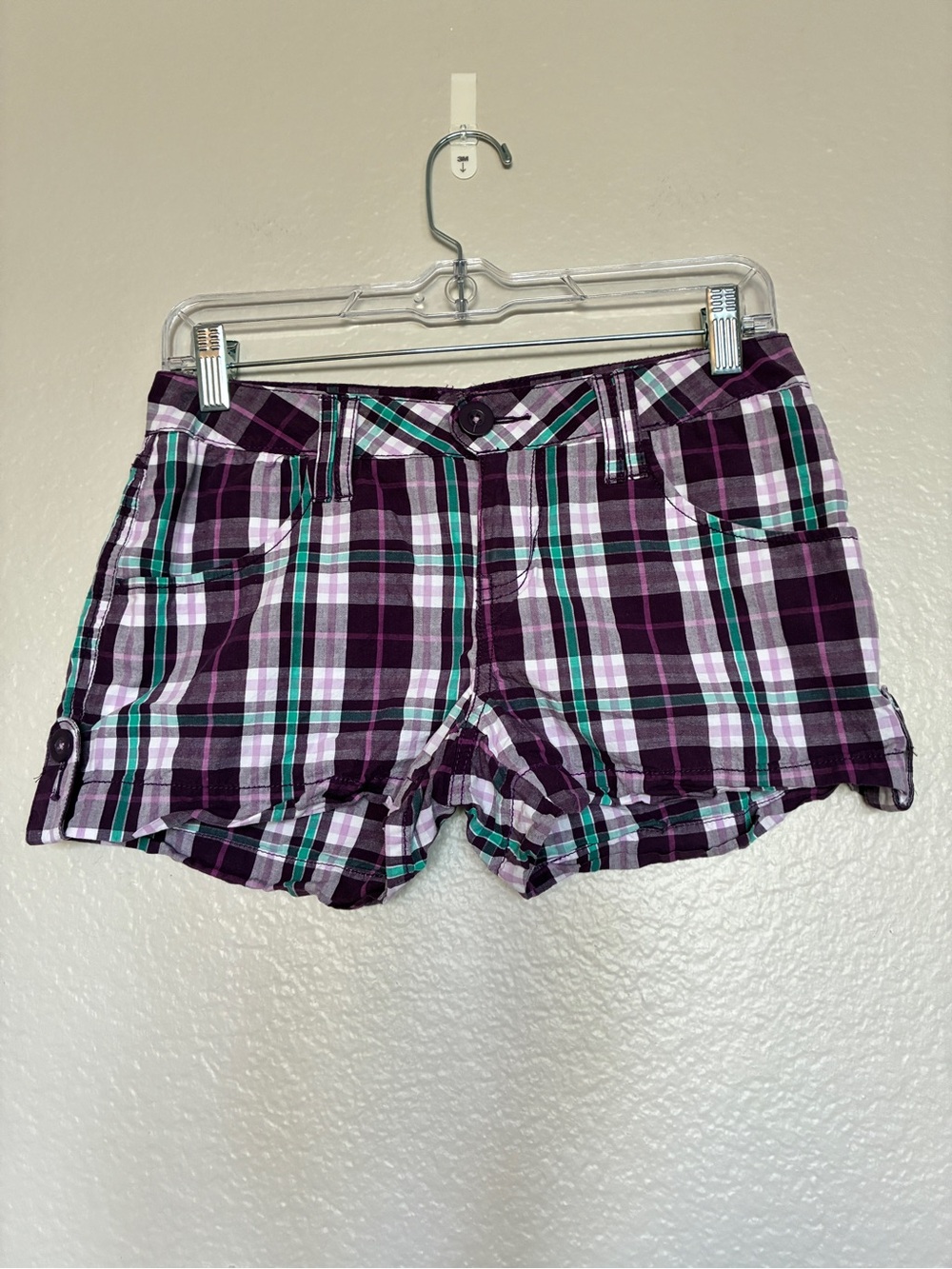 Plaid Cotton Women’s Jean Shorts in Purple and Teal